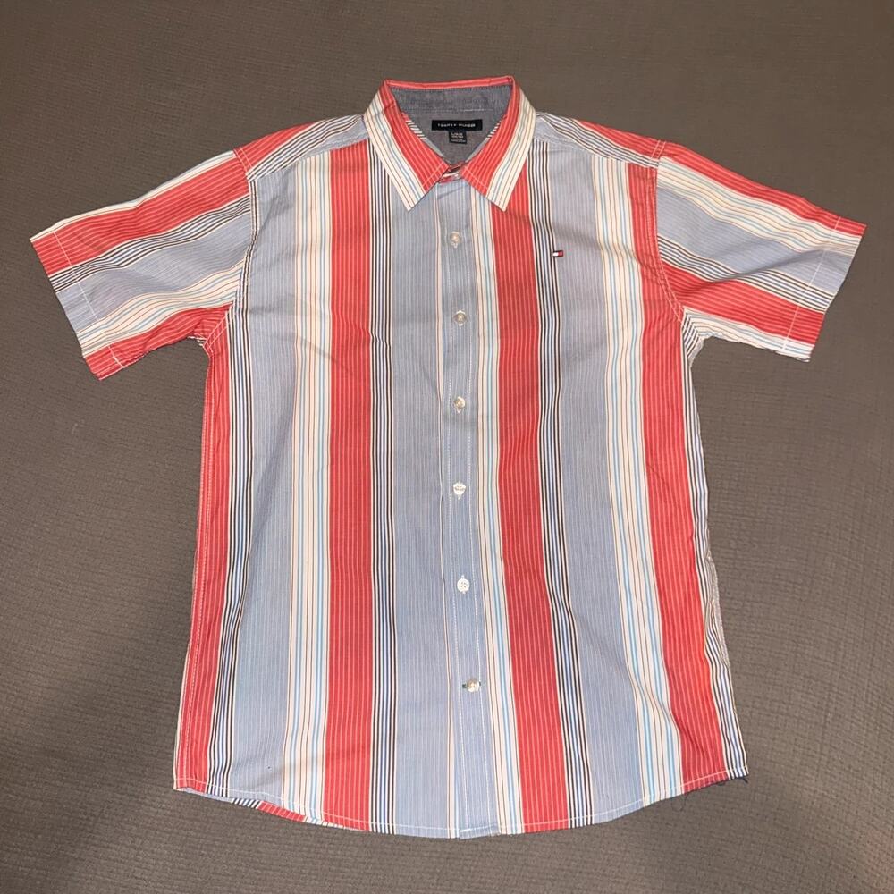 Tommy Hilfiger red blue white striped short sleeve button-down shirt L 14/16